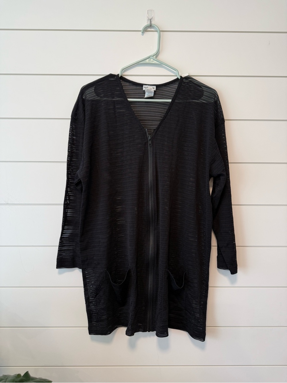 Vintage 90s La Blanca Black Sheer Long Zip Swim Cover-Up Pockets Size L